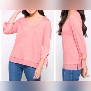 NWT Sanctuary Top M Baby Pink 100% Knit Linen Tie Sleeve Layered Hem Flowy Coast